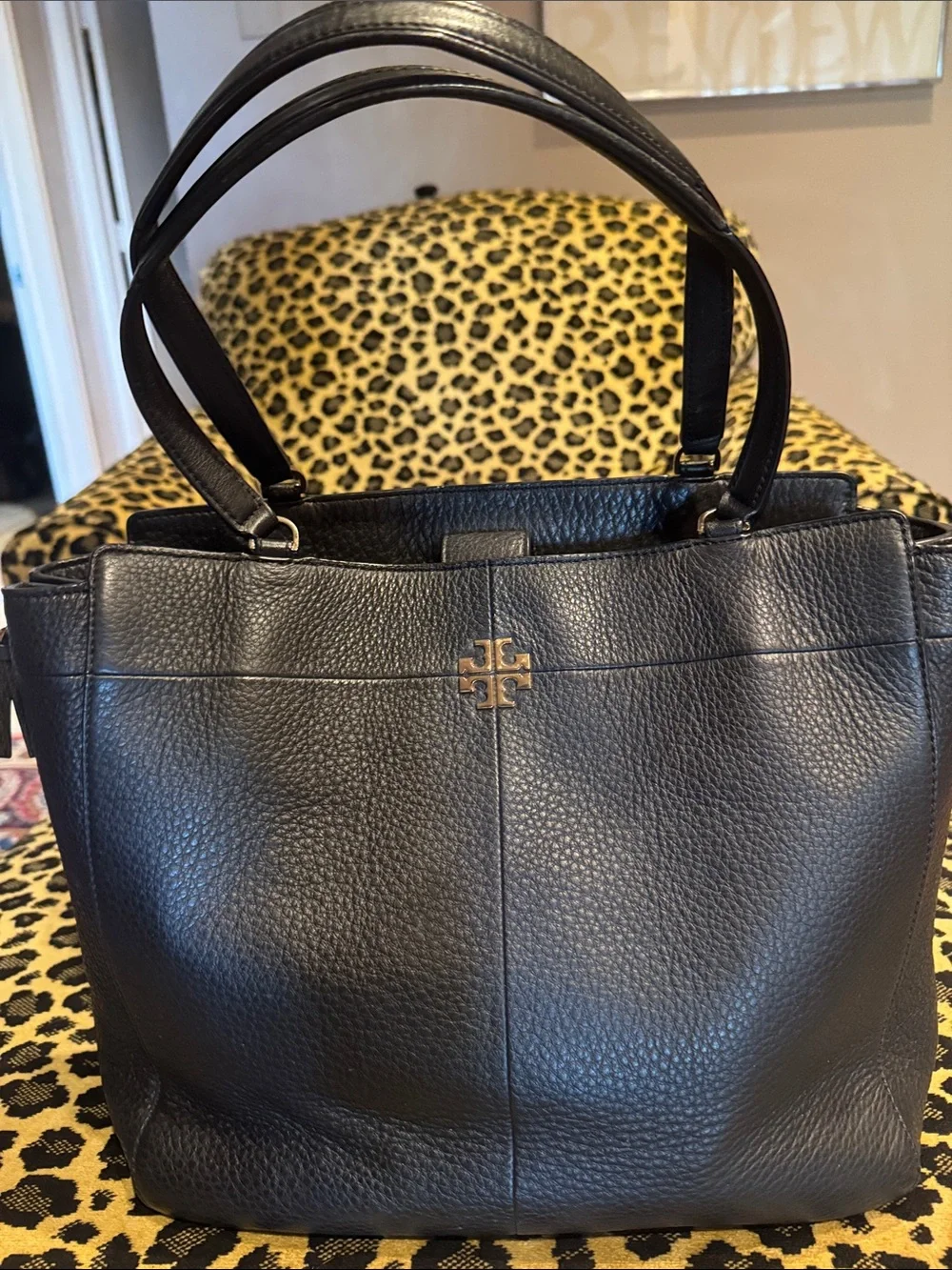 Tory Burch Black Pebbled Leather Satchel with Gold Logo